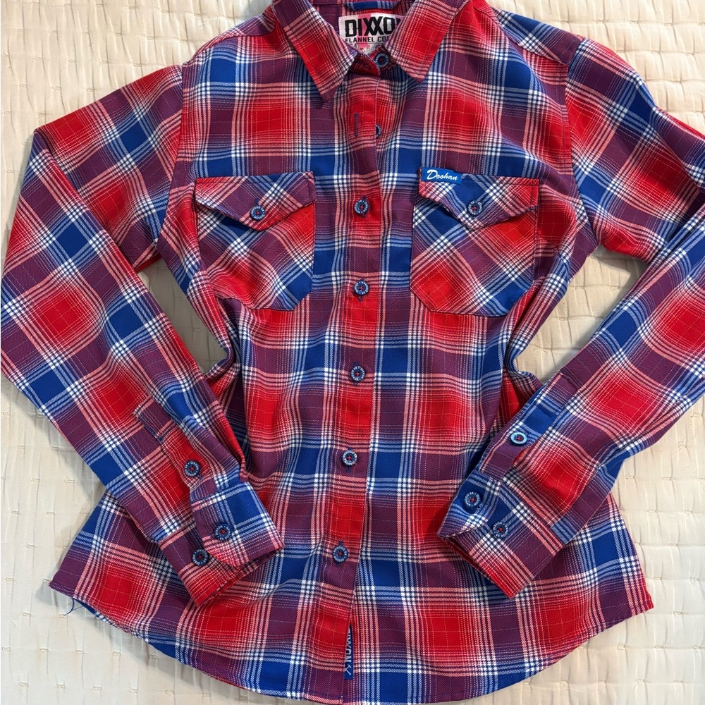 DIXXON Red and Blue Plaid Women's Button Down Shirt